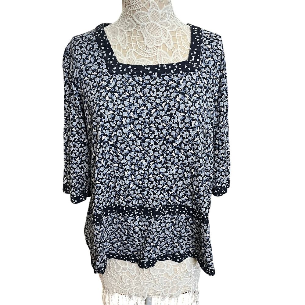 J.Jill Blue Floral Square Neck Top Size L | Cotton Modal Cottagecore Blouse